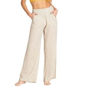 Billabong Wide Leg Striped Linen-Blend Pants in Cream and Tan